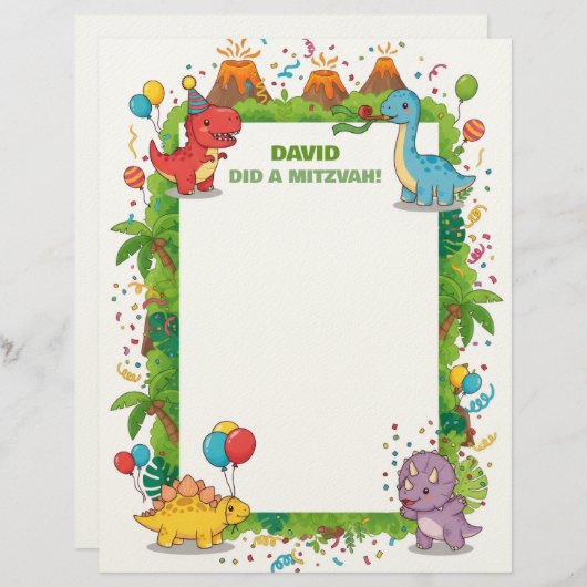 En-tête De Lettre Dinosaures mignons Enfants Customisés Mitzvah Note (Devant / Derrière)