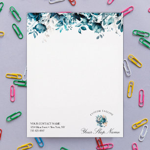 En-tête De Lettre Elégant bleu marine aquarelle floral, nom d'entrep