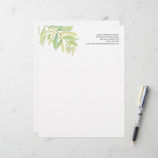 En-tête De Lettre Feuillage vert eucalyptus fleurs aquarelle art (Devant/Arrière en situation)