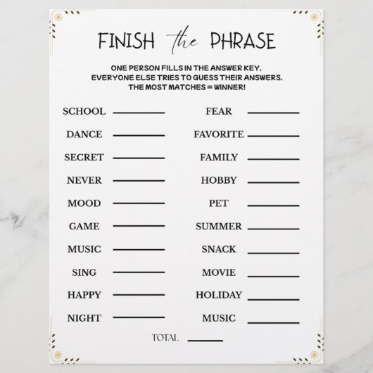 En-tête De Lettre Finish the Phrase Game – Printable Guessing Party (Devant)