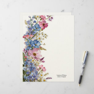 En-tête De Lettre Fleurs sauvages florales bleues roses blanches per