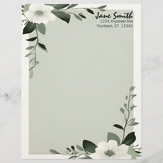 En-tête De Lettre Flower Overlay Sage Green Personalized Stationery (Devant)