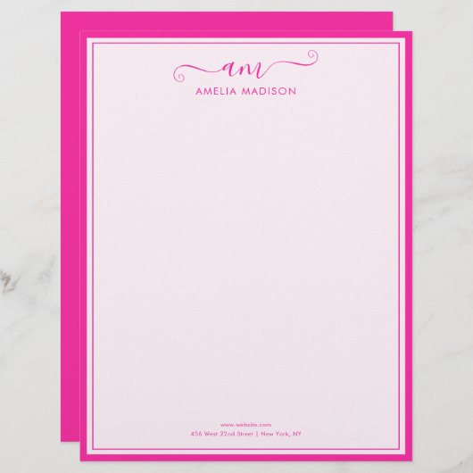 En-tête De Lettre Handwritten Script Vibrant Pink Letterhead (Devant / Derrière)