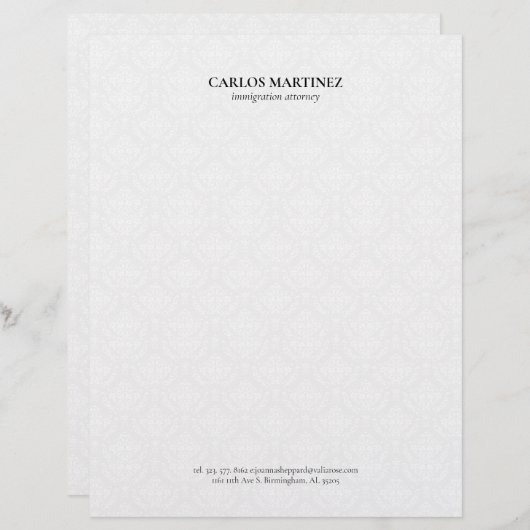 En-tête De Lettre Immigration Attorney White Damasks Black Text (Devant / Derrière)