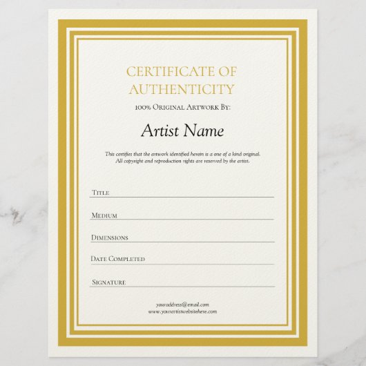 En-tête De Lettre Lettre or Modèle certificat d'authenticité (Devant)