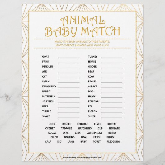 En-tête De Lettre Match bébé animal [Lignes dorées] (Devant)