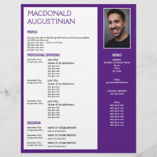 En-tête De Lettre Modèle RESUME moderne photo personnalisable PURPLE