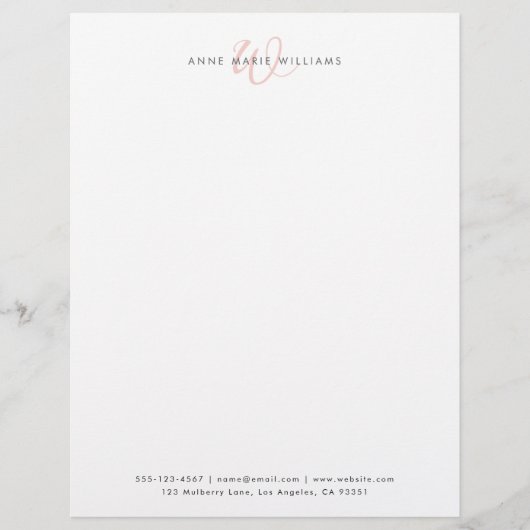 En-tête De Lettre Monogramme de script rose pâle blanc moderne (Devant)