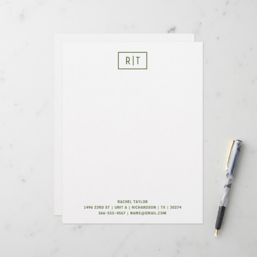 En-tête De Lettre Monogramme simple moderne vert olive foncé (Devant/Arrière en situation)