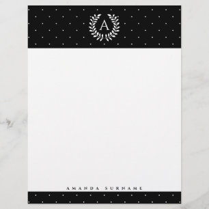 En-tête De Lettre Motif à pois monogramme laurier blanc sur noir