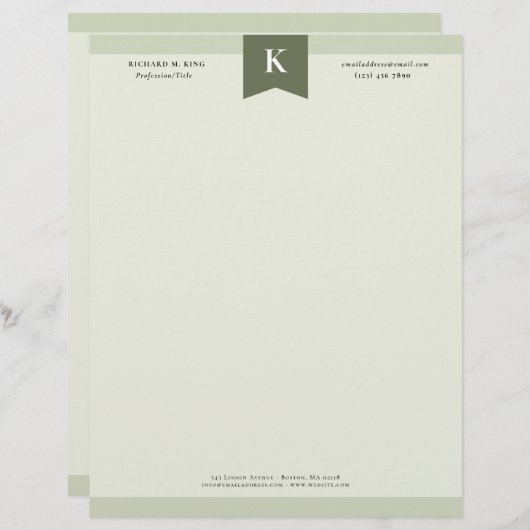 En-tête De Lettre Olive Elegant Bold Monogram Coordonnées (Devant / Derrière)