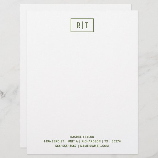 En-tête De Lettre Olive foncé Vert Monogramme moderne Simple (Devant / Derrière)