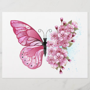 En-tête De Lettre Papillon à fleurs avec Sakura rose