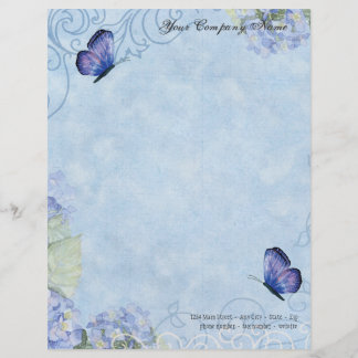 En-tête De Lettre Personnalisée Hortensias bleus, papillon et floral moderne de