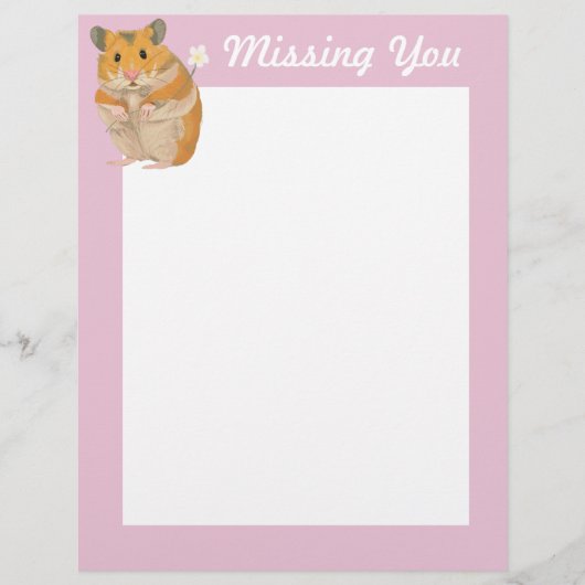 En-tête De Lettre Petit Hamster mignon tenant une fleur "Missing You (Devant)