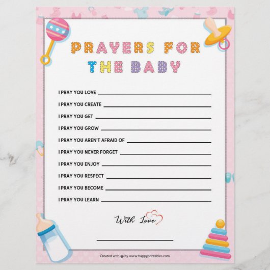 En-tête De Lettre Prières Pour Le Bébé [Bébé Basiques Rose] (Devant)