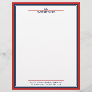 En-tête De Lettre Rouge Navy Blue Bordure Monogramme Nom Adresse