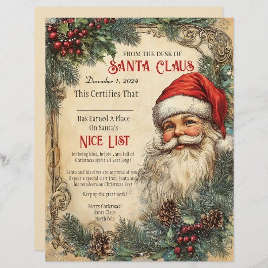 En-tête De Lettre Santa's Nice List Certifications  (Devant / Derrière)