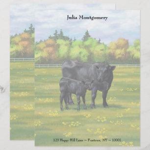 En-tête De Lettre Vache d'Angus noir et veau mou en feuille de pâtur