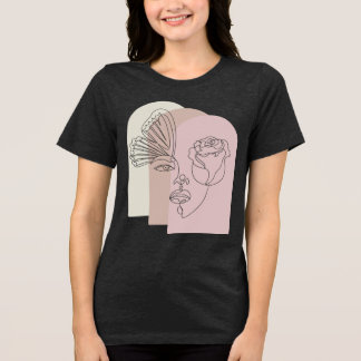 En Tri-matière Abstract Face Art T-Shirt with Rose & Butterfly – 