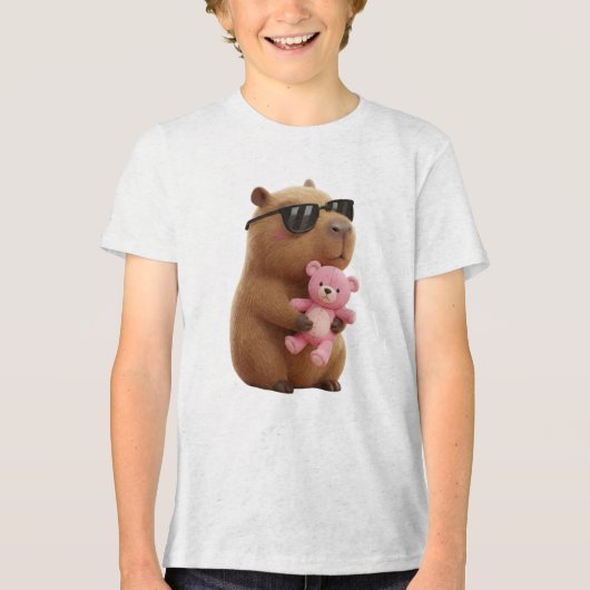 En Tri-matière Cute Cool Capybara Hugging Teddy Bear Kids T-Shirt (Recto)