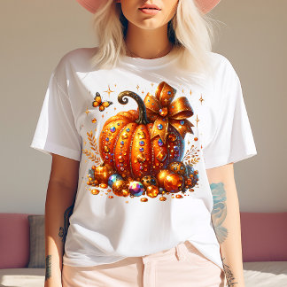 En Tri-matière T-Shirt avec citrouille ornée de gemmes et ruban