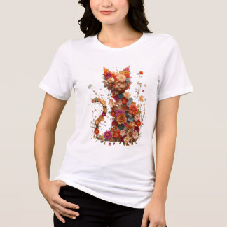 En Tri-matière T-Shirt Chat Floral | Tee Mignon pour Amoureux de