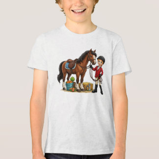En Tri-matière T-shirt de dessin animé d'un jeune cavalier heureu