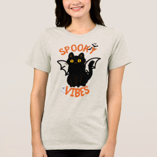 En Tri-matière T-shirt éffrayant Vibes Chat Face Halloween
