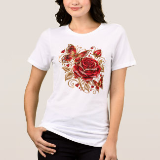 En Tri-matière T-Shirt Floral Élégant Rose Rouge et Papillon