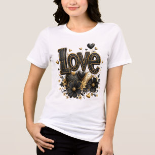 En Tri-matière T-Shirt Luxueux Noir & Or Love Romantique Élégan