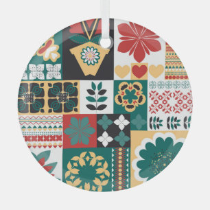 En Verre Géométrique mexicaine : Ornement vert rouge.