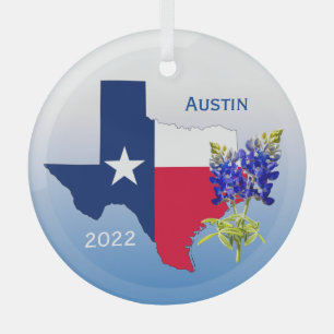 En Verre Ornement d'Austin Texas, contour et bleuets