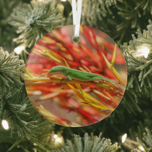 En Verre Ornement Lizard vert et Bushes rouges