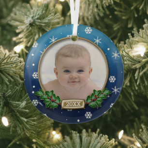 En Verre Ornement photo 1er Noël du bébé (bleu)