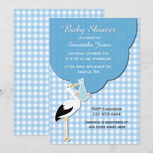 En vichy bleu avec Invitation au Baby shower cigog