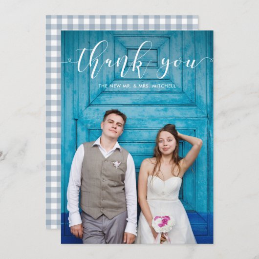 En vichy bleu | Merci mariage avec photo (Devant / Derrière)