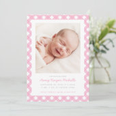 En vichy rose Faire-part de naissance photo unique (Debout devant)