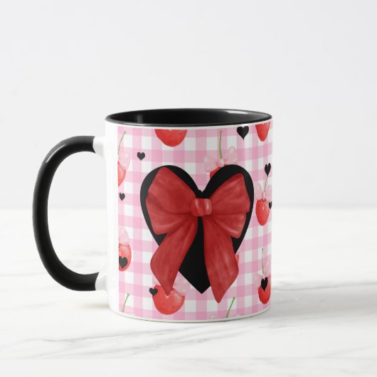 En vichy rose Mug Coeurs noirs & Bow rouge mignon (Gauche)