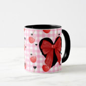 En vichy rose Mug Coeurs noirs & Bow rouge mignon (Devant droit)