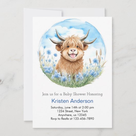 Enchanted Blue Highland Koe Boy Baby shower Kaart (Voorkant)