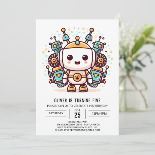 Enchanted Boy Metallic Robot Verjaardag Kaart (Staand voorkant)