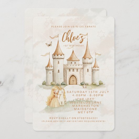 🏰✨ Enchanted Castle Princess 1st Birthday Invites Kaart (Voorkant / Achterkant)