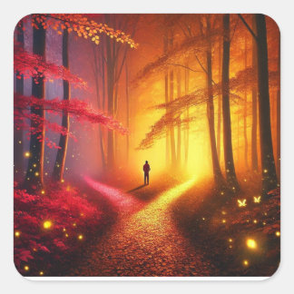 Enchanted Crossroads – Vibrant Autumn Forest Art P Vierkante Sticker