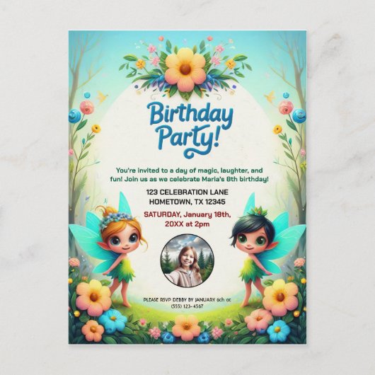 Enchanted Fairy Birthday Party Photo Invitation Briefkaart (Voorkant)
