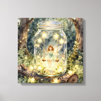Enchanted Fairy in a Jar in a Magical Forest Canvas Afdruk