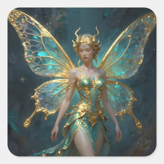 Enchanted Fairy in Gold and Turquoise  Vierkante Sticker (Voorkant)
