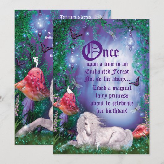 Enchanted Fairy Unicorn Forest Party Invitation Kaart (Voorkant / Achterkant)