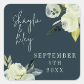 Enchanted Floral Midnight Blue Wedding Vierkante Sticker (Voorkant)