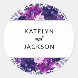 Enchanted Floral Violet Silver Wedding Monogram Ronde Sticker
